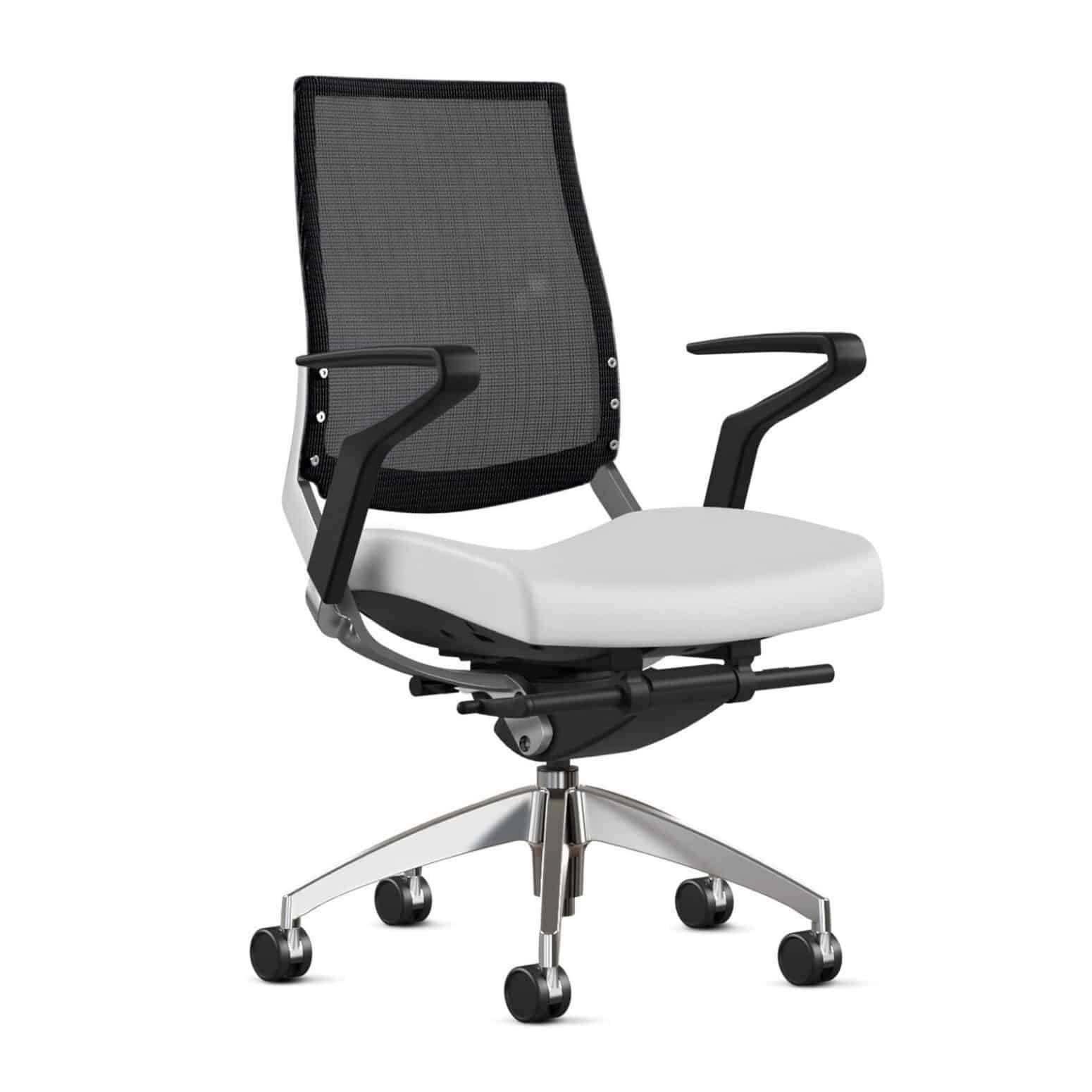A modern and ergonomic executive chair with adjustable lumbar support and a polished aluminum base.